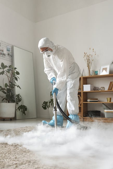 A professional in full protective equipment, including a white hazmat suit, face mask, gloves, and shoe covers, is using a steam cleaning or sanitisation machine on a beige, plush carpet in a modern l